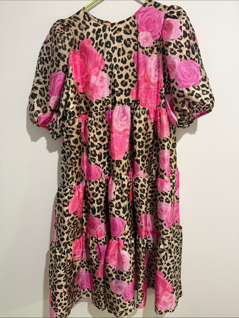 Cras Like New Leopard & Pink Rose Tiered Midi Dress